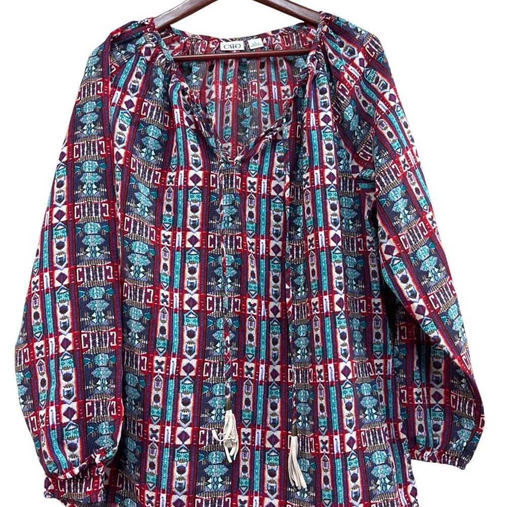 Cato Womens Boho Tunic Top L Multicolor  Long Sleeve Tassel Tie Neck